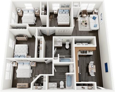 Floor plan for 4 beds, 2 baths, 1226 sqft